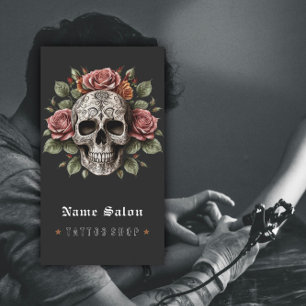 Black Vintage Retro Modern Tattoo Artist Skull Business Card