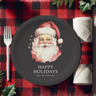 Black Vintage Retro Santa Claus Christmas Paper Plate