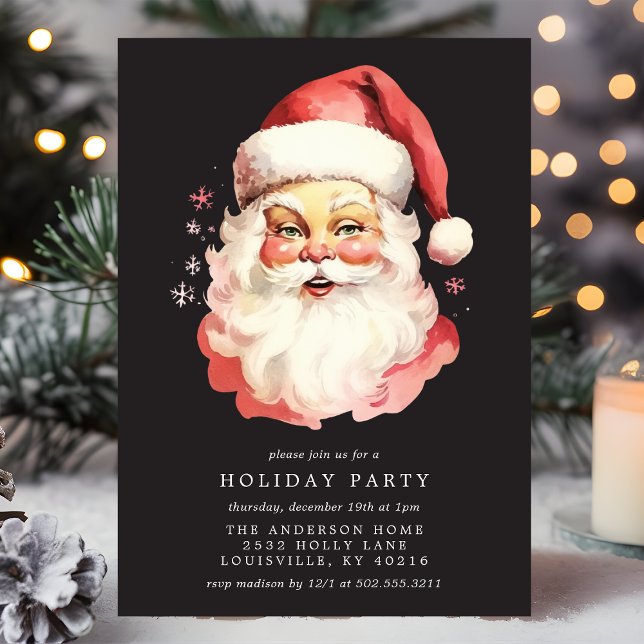 Black Vintage Retro Santa Claus Christmas Party Invitation (Creator Uploaded)