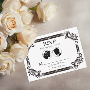Black Vintage Silhouette Wedding with Typography RSVP Card