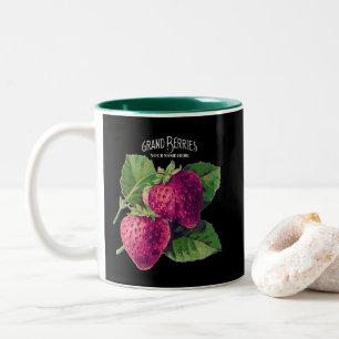 Black Vintage Strawberry Berry Fruit Add Your Name Two-Tone Coffee Mug