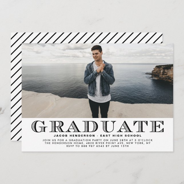 Black Vintage Typography Photo Graduation Party Invitation (Front/Back)