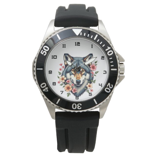 Black Vintage Wolf Floral Leather Watch (Front)