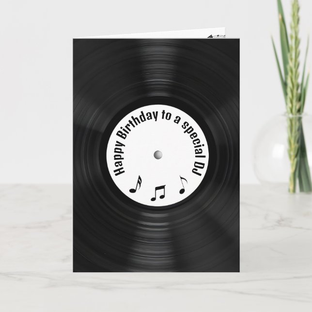 Black Vinyl Record for DJ's Birthday Card (Front)