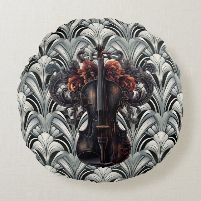 Black Violin in Art Deco GMajor Round Throw Pillow (Front)