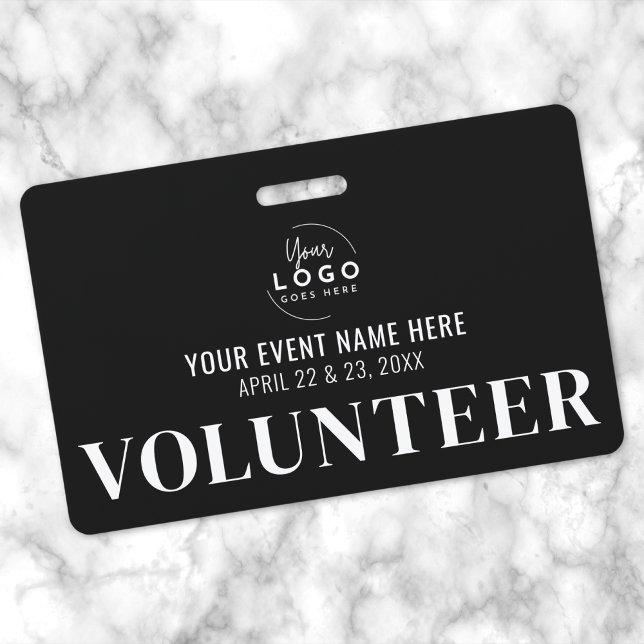Black Volunteer ID Badge (Black White Volunteer Badge)