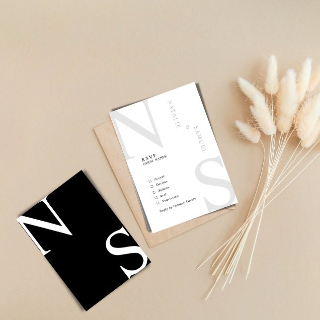 Black & W Minimalist Elegant Bold Initials Wedding RSVP Card (Creator Uploaded)