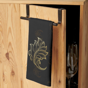 Black washcloth featuring an elegant gold baroque  tea towel
