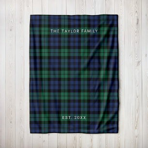 Black Watch Plaid Family Name Monogram Fleece Blanket