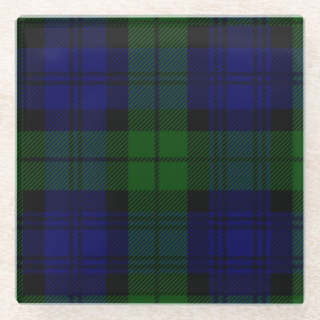 Black Watch Tartan Blue Green Plaid Glass Coaster (Front)