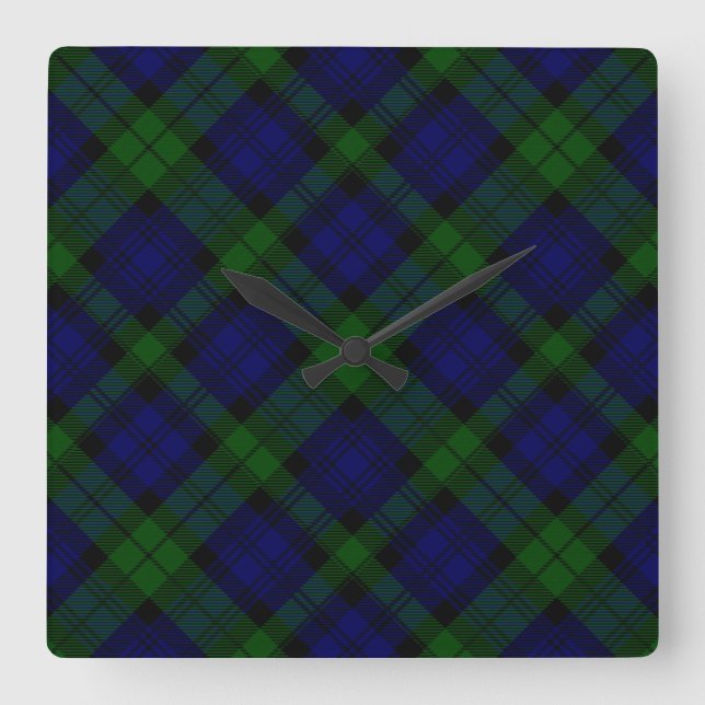 Black Watch Tartan Blue Green Plaid Square Wall Clock (Front)