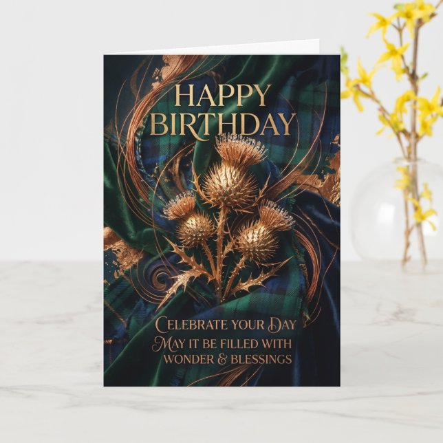 Black Watch Tartan Gold Thistle Birthday Card (Yellow Flower)