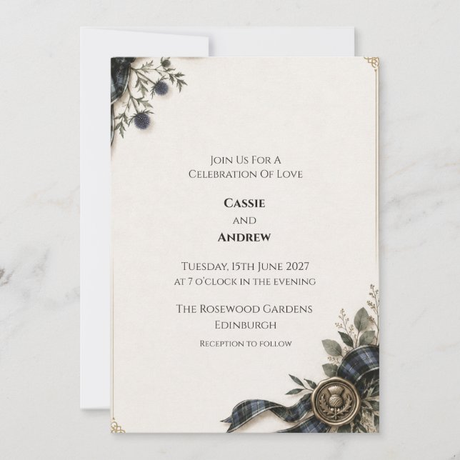 Black Watch Tartan Thistle Scottish Wedding Invitation (Front)