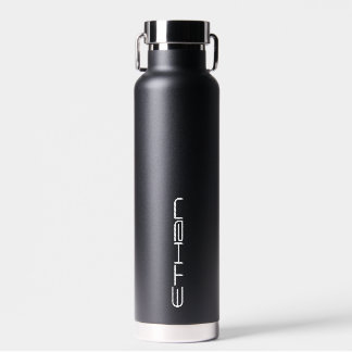 Black water bottle personalised with your name.