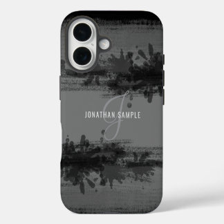 Black watercolor abstract painting grey monogram iPhone 16 case