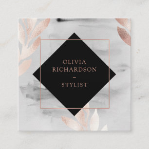 Black Watercolor and Faux Rose Gold Leaves Square Business Card