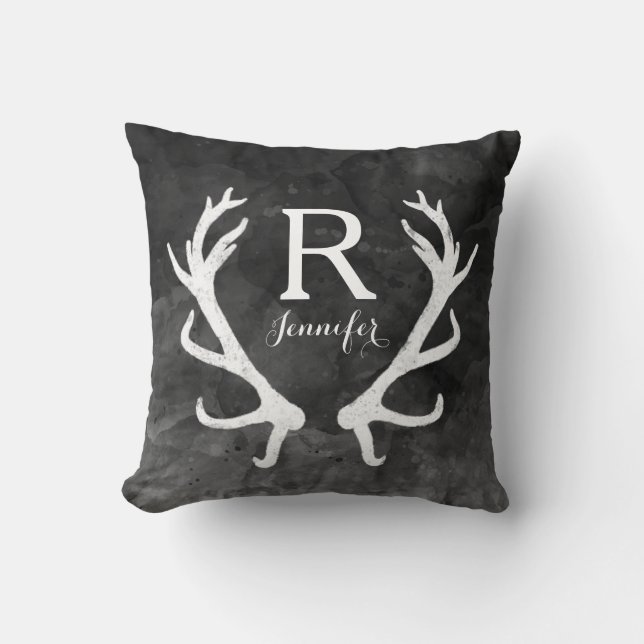 Black Watercolor and Rustic Deer Antlers Monogram Cushion (Front)