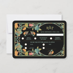 Black Watercolor Art Nouveau Wedding RSVP Card