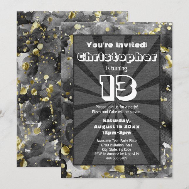 Black Watercolor Art Teen Boys Birthday Party Invi Invitation (Front/Back)