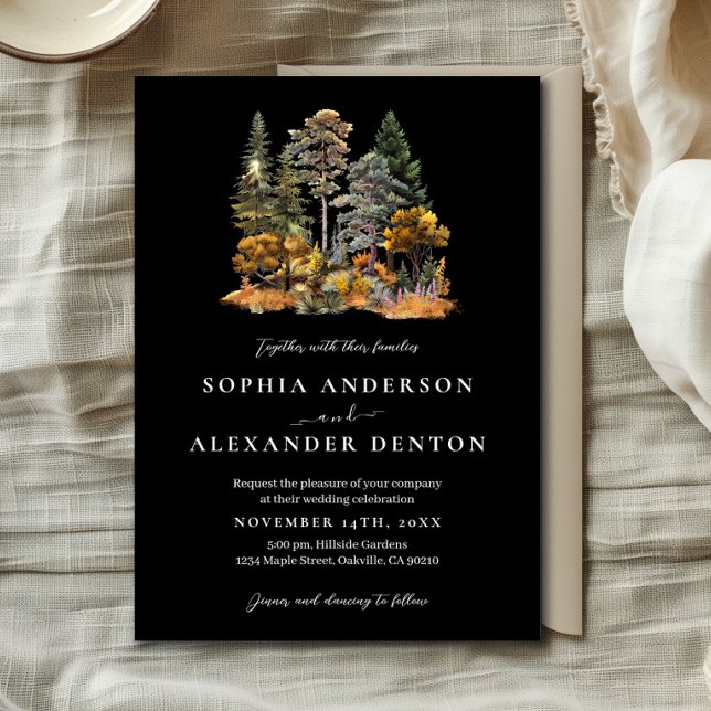 Black Watercolor Autumn Pine Forest Wedding  Invitation (Creator Uploaded)