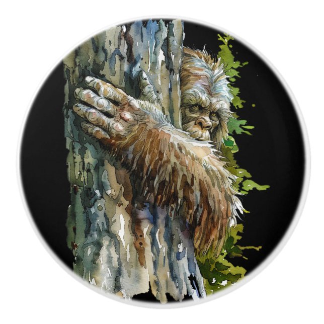 Black Watercolor Bigfoot Hiding Forest   Ceramic Knob (Front)