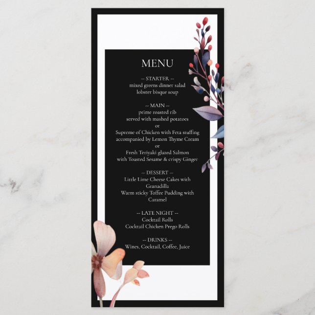 Black Watercolor Blue Leaves Minimalist Wedding Menu (Front)