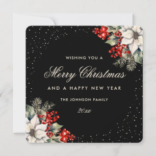 Black Watercolor Botanical Christmas New Year Holiday Card