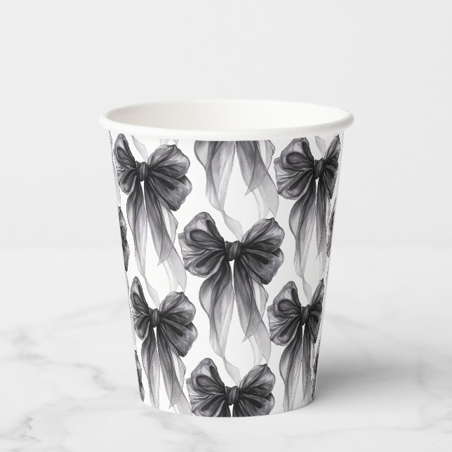 Black Watercolor Bow Coquette Themed Party Paper Cups (Back)