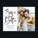 Black Watercolor Brush Calligraphy Save Our Date Announcement Postcard<br><div class="desc">Black Watercolor Brush Calligraphy Photo Save Our Date Postcard | Announce to family and friends your wedding date with this customisable save the date postcard. It features black hand-lettered modern calligraphy. This stylish photo save the date card is perfect for any wedding season and theme. Other colours and matching items...</div>