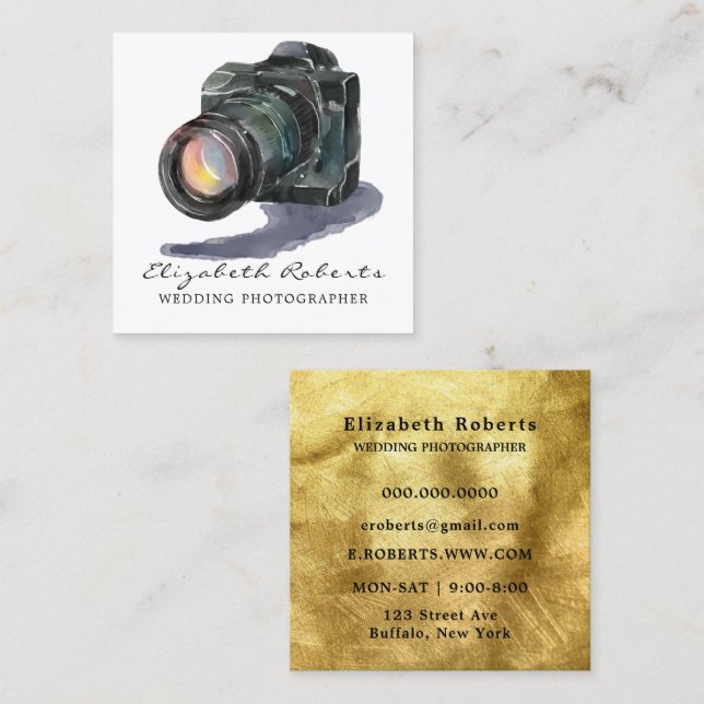 Black Watercolor Camera Gold Wedding Photographer Square Business Card (Front/Back)