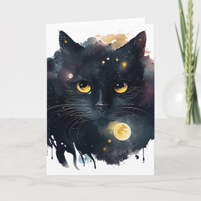 Black Watercolor Cosmic Cat with Yellow Eyes Card (Front)