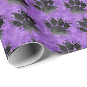 Black Watercolor Dog Paw Print Pattern Purple Wrapping Paper