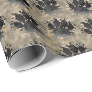 Black Watercolor Dog Paw Print Pattern Vintage Wrapping Paper