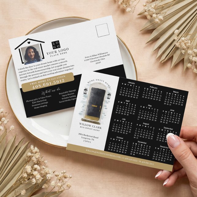 Black Watercolor Door Real Estate Calendar 2024 Postcard (Black Watercolor Door Real Estate Calendar 2026 Postcard)