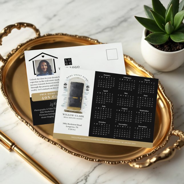 Black Watercolor Door Real Estate Calendar 2024 Postcard (Black Watercolor Door Real Estate Calendar 2025 Postcard)