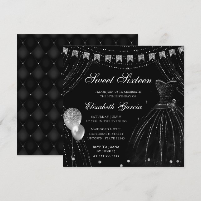 Black Watercolor Dress & Glitter Curtains Sweet 16 Invitation (Front/Back)