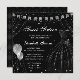 Black Watercolor Dress & Glitter Curtains Sweet 16 Invitation