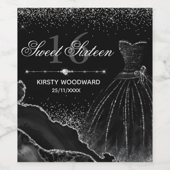 Black Watercolor Dress & Silver Glitter Sweet 16 Wine Label (Single Label)