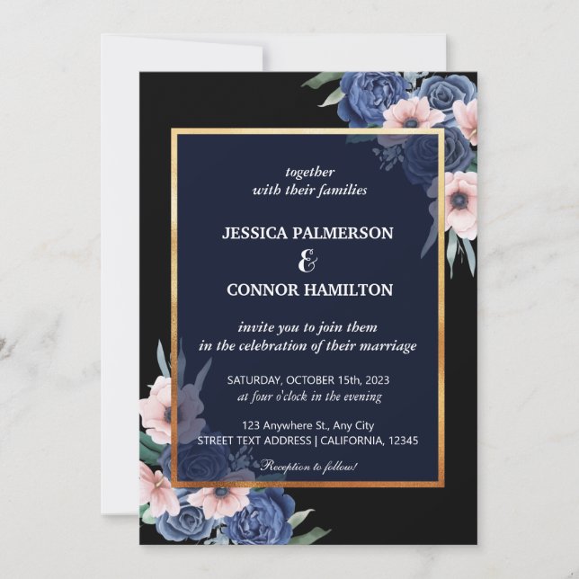Black Watercolor Elegant Modern Floral Wedding Invitation (Front)