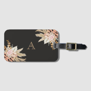 Black Watercolor Floral Monogram Pink Flowers Luggage Tag