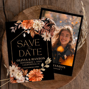 Black watercolor floral Photo fall Wedding Black Save The Date