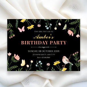 Black Watercolor floral spring birthday Invitation