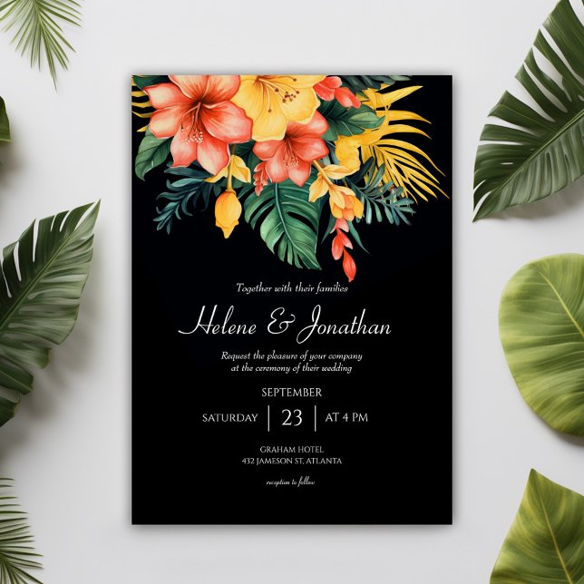 Black Watercolor Floral Tropical Wedding Invitation (Black Watercolor Floral Tropical Wedding Invitation)