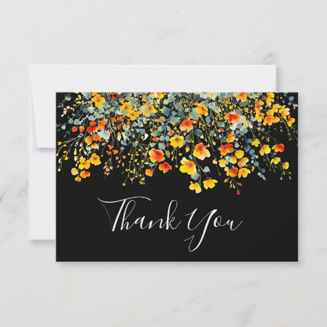 Black Watercolor Floral Wedding Thank You Card (Front)