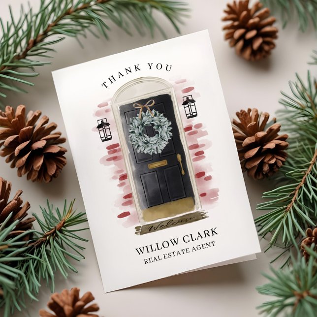 Black Watercolor Front Door & Wreath Thank You Card (Black Watercolor Front Door & Wreath Thank You
)
