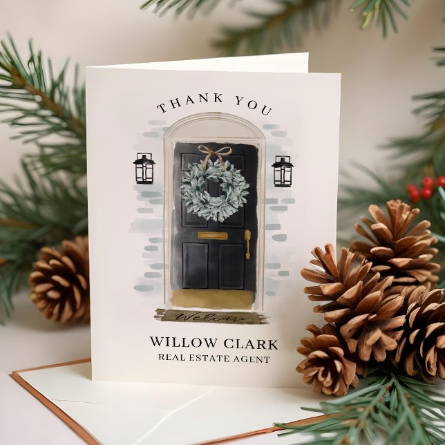 Black Watercolor Front Door & Wreath Thank You Card (Black Watercolor Front Door & Wreath Thank You)