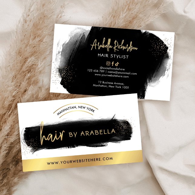 Black Watercolor Gold Hairdresser Hair Salon Business Card (Black watercolor and faux gold hair salon business cards design)