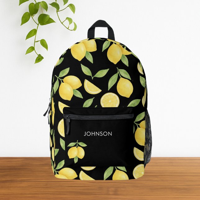Black Watercolor Lemon Pattern  Printed Backpack (Cute Yellow Watercolor Lemon  Pattern Black Backpack)