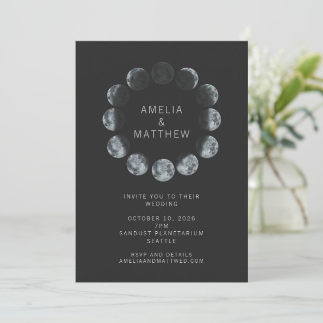 Black Watercolor Moon Phases Celestial Wedding Invitation (Standing Front)