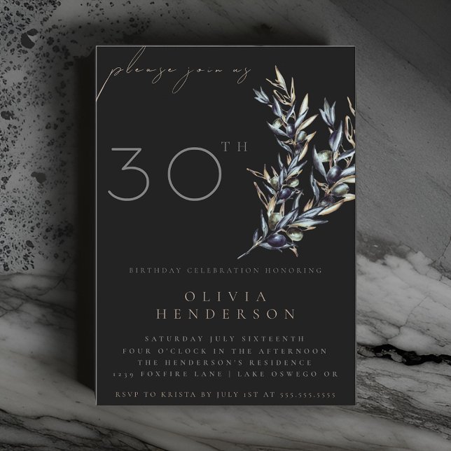 Black Watercolor Olive Branch Birthday Invitation (Creator Uploaded)